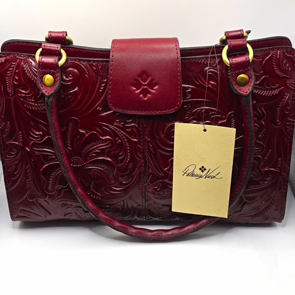 Patricia Nash Oxblood Floral Embossed Satchel Top Handle, Medium, Gold, NWT